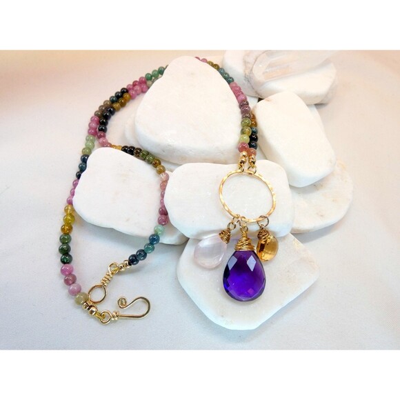 Watermelon Tourmaline Beaded Gemstone Charm Gold Fill Pendant Necklace - Picture 7 of 7